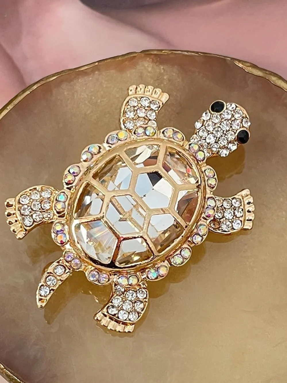 Gold-Tone Turtle Brooch with Clear Crystal Shell